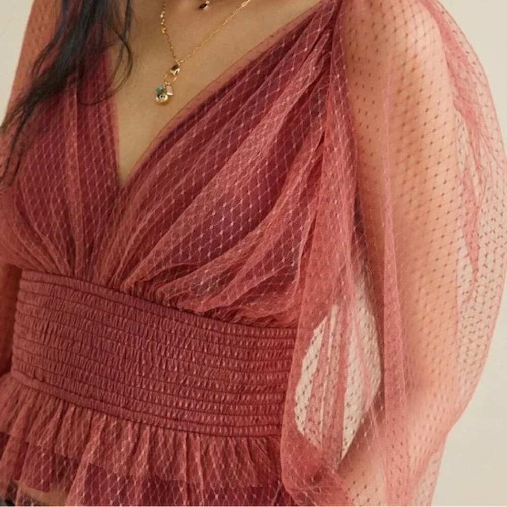 Sheer Dotted V-Neck Blouse in Dusty Rose